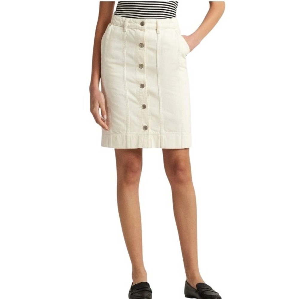 Lauren Ralph Lauren Black Label Gralibbe Ivory Button Down Denim Pencil Skirt 8
